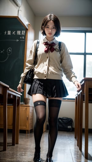 ultra low angle view up shot, full body, walking, real girl ,   school classroom ,18 years old Japanese girl, school uniform, knee high stockings, shy innocent face , long brown hair,  an with messy_bobcut and orgasmic expression , realistic dull skin noise, visible skin detail, skin fuzz, glossy skin, petite, remarkable color, POV, (photorealistic, realistic:1.3), natural_lighting, rule_of_thirds, Fujicolor_Pro_Film, night, 1 girl,  ,1 girl