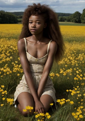 black girl, meadow, yellow buttercups, relaxed, summer day