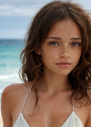 beach, ocean horizon, backlighting, sunset, full freckles, close-up, back view, nude, looking at viewer, cute,(((Melanie Thierry, Carmen Solomons:0.8))), thin, slightly smile, black eyes, very big lips, (closed mouth, gently shut lips, close lips, shut mouth),eyes wide apart,dark black eyebrows, short black cutted messy hair, wet skin, wet hair, sandy skin, Failed freckles, detailed eyes:1