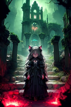 A witch dressed in a striped Gothic lolita dress adorned with lace and colorful embroidery. She is turning to look at the camera. Glowing pale skin, disheveled hair,  long bangs,  hairs between eyes,  long Wave hair. In the background stands the ruins of a medieval castle. Ominous atmosphere, Trending on Artstation, Rembrandt lighting, intricate details, octane render, 64k, photorealistic, a masterpiece.
,Darkness Kitten 