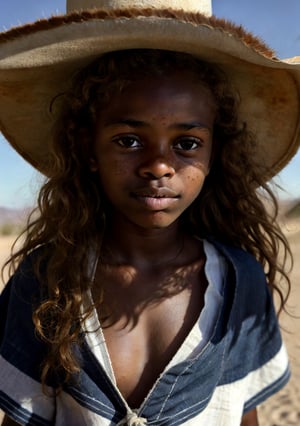 desert, macro zoom, face close-up,  portrait, sun beams, backlighting , A cute teenage girl,  dark skin, (smokes a cigarillo:1.2), Mexican poncho,  (big lips:1.4), eyes wide apart, straight black eyebrows, wears a  big large Western cowboy hat, pulled deep into the forehead so that the face lays in shadow, hidden face, 17 years old,