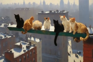 View from diagonally above and in front, Eleven cats sit side by side on a free floating steel beam hanging high above the rooftops of New York. The cats make breakfast and let their legs dangle. close-up, oil painting by Ilja Repin