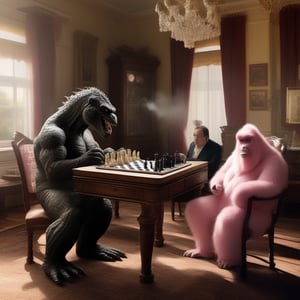 World Chess Championships, Godzilla versus King Kong, playing chess, smoking cigars, high detailed,  8k, Victorian interieur, cottage salon, intricated details, sun beams, curtains blowing, cigar's smoke, wine bottle, English chairs, ,pink-emo