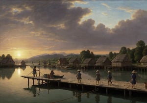 A Bronze Age pile-dwelling wooden settlement in the lake, wooden huts, 6000 bc, small wooden jetties, fishing nets, small dugout boats, some children playing on the jetties, woman doing the laundry, palisade fence, zoom, silent, peaceful, volumetric lighting, evening sun, painting by Caspar David Friedrich,REALISTIC