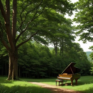 An old tree sits in front of a piano in the forest. It plays a melody on the keys with its branches. The green forest in the background. Butterflies.