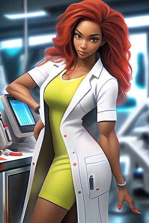 dark-skinned woman (skinned brown, mulata) red hair, red hair, woman working in a laboratory wearing a tight dress and over the dress a white short-sleeved doctor's coat, yellow skirt, scene in a laboratory, in the background a laboratory with neon lights, interactive elements, very detailed, ((Detailed face)), (( Detailed half body)), beautiful body, big sexy breasts, big legs, big beautiful legs, red hair a little lower shoulders, mulatto, black eyes, tattoos on right arm, smiling, medium eyes