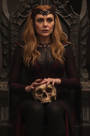 portrait, realistic, 1girl, solo, blonde hair, wavy hair. A woman dressed in a dark, fitted suit with details in red and black tones. The woman has long, wavy blonde hair and wears a crown on her head, which complements her powerful appearance. She is sitting in a stone throne with a menacing expression, while push a skull with his hands.