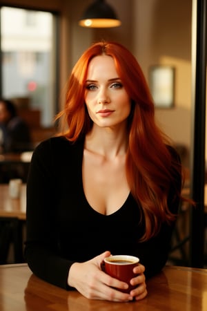 Photo, realistic, 1girl, solo, redhead. Portrait of a redhedad girl with long straight and silky hair, she is sitting on a  wooden coffe table holding a cup behind a warm sunlight restaurant window. She is wearing a black t-shirt with long sleeves that slightly reveals her cleavage. The background blurs, while the subject's takes center stage. 