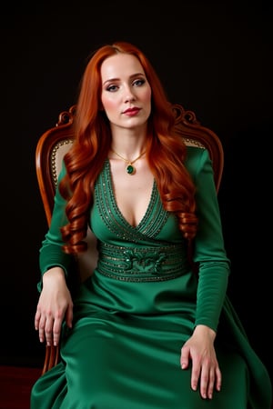 Photo, realistic, 1girl, solo, redhead. Portrait of a princess (ssimonsv2) with long wavy hair wearing a ornamented green emerald dress. She is sitting on a elegant wodden throne, in front of a simple dark backdrop. Necklace, oil paninting style, 18th century portrait, fantasy style.