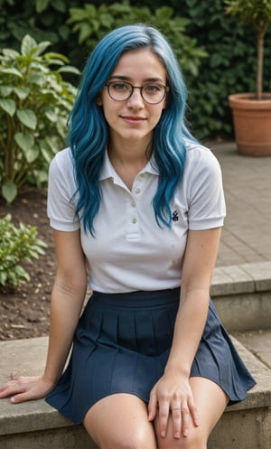 amateur photography of a blue haired french woman with long hair wearing a college outfit (skirt and polo shirt), at school, glasses, makeup. Sitting on step with her legs crossed, at garden. crossed arms, (smile:0.5), f8.0, noise, jpeg artefacts, poor lighting, high contrast. photo, realistic