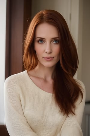 A serene portrait of a young ginger woman, her porcelain skin illuminated by soft, gentle light. A subtle smattering of makeup accentuates her features without overpowering them. She wears a (black sweater that) draws the viewer's eye to her upper body, where it hugs her curves. Her pose is relaxed, exuding a sense of quiet contentment.