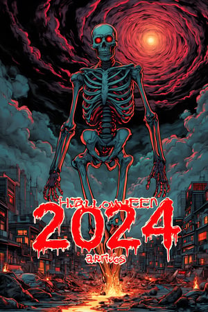 Detailed illustration. Comic Art style. A giant skeleton with red glowing eyes, walking over a burning nigth city. There is in the sky a swirl of red clouds in the sky, right above the creature. There is a text that says "Halloween 2024 arrives" en red in vibrant red letters. 