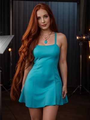 1girl, solo, red long hair, (straight hair, pale skin), skin details, beautiful, global illumination, (cowboy shot, photo shoot), looking at viewer, flirting, (photo, realistic), epiCRealism, highly detailed, bokeh, strap dress (turquoise dress), necklace, standing, at studio, dark background, (smoon:1.0)