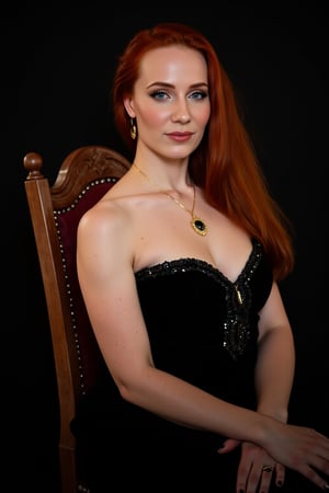 Photo, realistic, 1girl, solo, redhead. Portrait of a princess (ssimonsv2) with long hair wearing a ornamented black tube dress. She is sitting on a elegant wodden throne, in front of a simple dark backdrop. Earrings, necklace, oil paninting style, 18th century portrait, fantasy style.