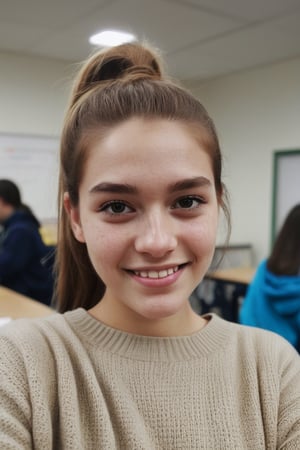 amateur cellphone photography of a woman with a brown ponytail hair wearing a sweater at school (smile:0.2), (freckles:0.2), (makeup:0.8) . f5.0, samsung galaxy, noise, jpeg artefacts, poor lighting, low light, underexposed, high contrast, looking at viewer, 