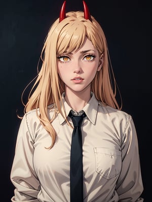 (best quality), (masterpiece), (solo), 1girl, power_csm, blonde hair, yellow eyes, cross-shaped pupils, symbol-shaped pupils, red horns, white buttoned shirt, blue jacket, black necktie, black background, blood stains, artwork, manga cover art, wallpaper