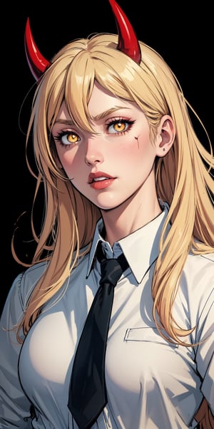 (best quality), (masterpiece), (solo), 1girl, power_csm, blonde hair, yellow eyes, cross-shaped pupils, symbol-shaped pupils, red horns, white buttoned shirt, blue jacket, black necktie, black background, blood stains, artwork, manga cover art, wallpaper, evil character, glowing eyes, demon_girl