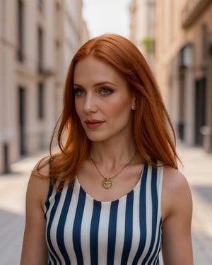 1girl, solo, ginger hair, (straigth hair, pale skin), skin details, makeup, soft lighting, (photo, realistic), epiCRealism, highly detailed, bokeh, (upper body), looking at viewer, striped blouse, (sleeveless), necklace, street, white background, (smoon:1.0)