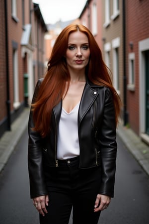 Photo, realistic, 1girl, solo, redhead. Portrait of a redhedad girl with long straight and silky hair, stands against a alley. she is wearing a opened leather jacket paired with black jeans. Under her jacket she wears a white blouse that slightly reveals her cleavage. The background blurs, while the subject's takes center stage. 