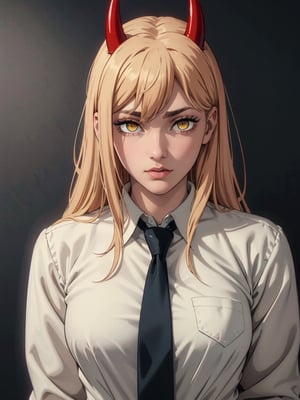 (best quality), (masterpiece), (solo), 1girl, power_csm, blonde hair, yellow eyes, cross-shaped pupils, symbol-shaped pupils, red horns, white buttoned shirt, blue jacket, black necktie, black background, blood stains, wallpaper, artwork, 