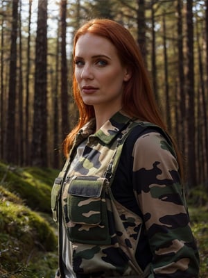 1girl, solo, ginger hair, (straight hair, pale skin), makeup, cinematic lighting, (photo, realistic), epiCRealism, highly detailed, upper body, portrait, army soldier uniform,  camouflage print, bulletproof vest, forest landscape, (smoon:1.0)