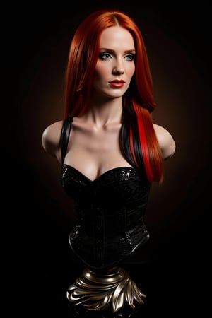 Masterpiece, professional, Top Quality, High Definition, high detail, perfect detail, "Create a hyper-realistic bust of a beautiful redhead woman. She is dressed with a ornamented black corset. She displays her long straight hair with black and red highlights. The bust includes a metallic, floral-inspired design at the base. The lighting is dramatic, casting soft highlights on her face, with a gradient background for emphasis. Resin