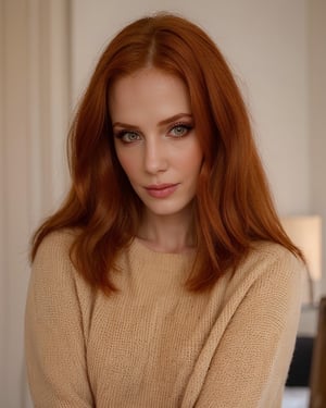 1girl, solo, ginger hair, (straigth hair, pale skin), skin details, makeup, soft lighting, (photo, realistic), epiCRealism, highly detailed, bokeh, (upper body, looking at viewer),  beige sweater, indoors, white background, (smoon:1.0)
