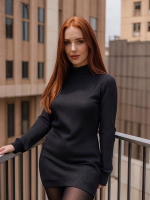 1girl, solo, red long hair, (straight hair, pale skin), skin details, beautiful, global illumination, (cowboy shot, photo shoot), looking at viewer, flirting, (photo, realistic), epiCRealism, highly detailed, bokeh, sweater dress (black clothes, denim), pantyhose, standing, at balcony, (smoon:1.0)