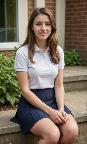 amateur photography of a ligth brown haired british woman with long hair wearing a college outfit (skirt and polo shirt), at school. Sitting on step with her legs crossed, at garden. (smile:0.5), f8.0, noise, jpeg artefacts, poor lighting, high contrast. photo, realistic