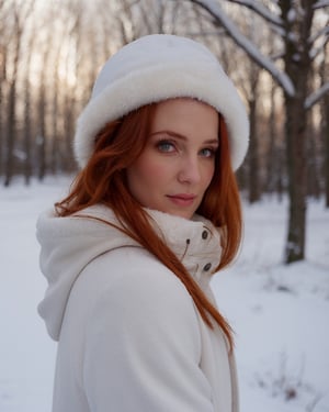1girl, solo, ginger hair, (straigth hair, pale skin), skin details, soft lighting, (photo, realistic), epiCRealism, highly detailed, bokeh, upper body, portrait, (looking at viewer), winter clothes, (coat), snow, outdoors, white background, (smoon:1.0)