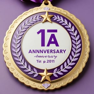 A ornamented badge commemorates a anniversary. Wihite and purple colors evoke a sense of celebration. Text "T_A", (text "1st_ANNIVERSARY"). Purple flowers in background. Golden winner award medal
