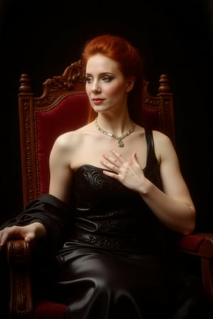 Against a dark backdrop, a redheaded beauty with long straight hair, sits regally upon an ornate wooden throne. She wears an extravagant black shoulderless dress adorned with intricate ornamentation. A delicate necklace glimmers around her neck, adding a touch of whimsy to her statuesque pose. Portrait, face focus, classical painting style