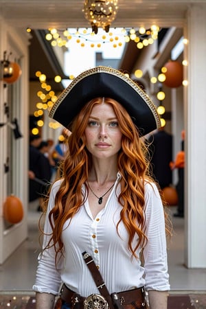 Portrait of a redhead woman standing at the entrance of a house. She stands confidently, while looking at the camera. She is wearing a white blouse paired with belt holsters and a hat, as a pirate costume, celebrating Halloween one more year. In the background you can see a street decorated with lights and Halloween arrangements. Bokeh