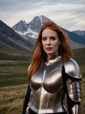 1girl, solo, blonde-ginger hair, (messy hair, pale skin), makeup, cinematic lighting, (photo, realistic), epiCRealism, highly detailed, upper body, portrait, medieval armor, fantasy armor, mountains landscape, (smoon:1.0)