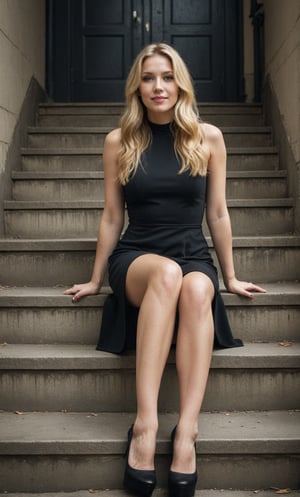 amateur photography of a blond haired woman woman with long hair wearing a black tube dress with platform heels. Sitting on stairs with her legs crossed, at building stairway. (smile:0.4), f8.0, noise, jpeg artefacts, poor lighting, high contrast. photo, realistic