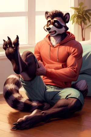 shocked, anthro, raccoon, transformation, holding his feet up with his hands, looking shocked at feet, wearing red hoodie, sitting on floorgray fur, fully padded feet, black leathery soles,long toes, animal feet, claws, Furry_feet