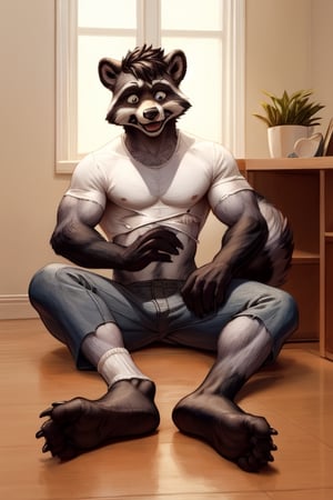 surprised,anthro, raccoon, transformation, long toes,narrow feet,ripped clothing,ripped socks, showing his feet, barefoot, fully padded feet, black leathery soles, animal feet, claws, Furry_feet, sitting on floor,gray fur,normal hands