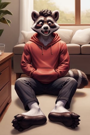 shocked, anthro, raccoon, transformation, showing feet, looking shocked at feet, wearing red hoodie, sitting on floor,hands visible,gray fur, fully padded feet, black leathery soles, animal feet, claws, Furry_feet