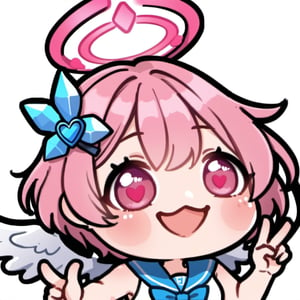 arm up ,  hand up , hello , greeting , wave , happy , sexy , hentai ,  Emote , high quality, high res , highly detailed face, white background, chibi , upper body close up , 1girl , solo , cute face , pink hair , blue halo , tensi , angel , pink eyes , cute , chibi , girl , sticker , emote , white background , funny , crystal heart blue hairpin , sleeveless sailor suit , wings , twitch , Blue Archive , short hair , bangs ,