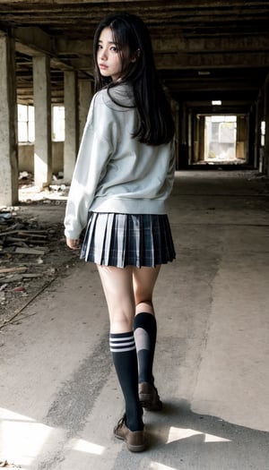 walking side way, side view full body, real girl , 18 years old Japanese girl , black school girl uniform, knee high white socks , shy innocent face , full body view , in old abandoned clothing factory, lustful eye, black hair with highlighting,   visible skin detail, skin fuzz, glossy skin, natural_lightinggirl, chinatsumura, Detailedface, 1 girl