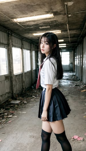 walking side way, side view full body, real girl , 18 years old Japanese girl , black school girl uniform, knee high white socks , shy innocent face , full body view , in old abandoned clothing factory, lustful eye, black hair with highlighting,   visible skin detail, skin fuzz, glossy skin, natural_lightinggirl, chinatsumura, Detailedface, 1 girl