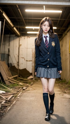 one girl, solo , full body, walking side way across,  lustful eye ,  real girl,  tall 18 years old Japanese girl , (long legs) (massy brown hair) , black school girl uniform , Smooth Thin Over The Knee Socks, , short skirt ,shy innocent face ,  in old abandoned factory with old machines,   visible skin detail, skin fuzz, glossy skin, natural_lighting , Detailedface, 1 girl, 
