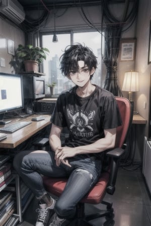 At night,  there is a warm light.

Black short hair parted in the middle, black eyes The face is not covered with hair. Smile mischievously ,
men Wear a black round neck t-shirt. and ripped black jeans and black sneakers.

using multiple computers to work and the room have are cables all over the room. sit on a blue chair.
top view.