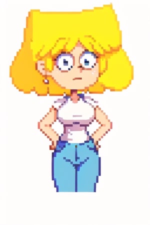 lori loud, cartoon, masterpiece, high quality, best quality, 1girl, solo, white background, blonde hair, short hair, white shirt, blue pants, black eyes, huge breasts, perfect, beautiful, hands on hips, facing viewer, 1st person view