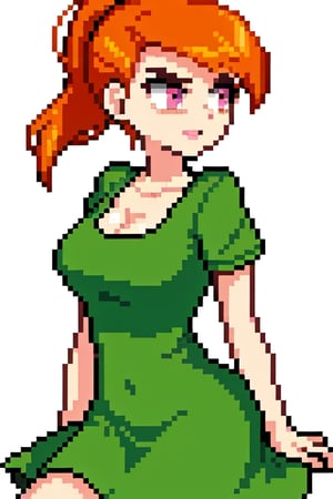 Vicky, 1girl, solo, orange hair, ponytail, pink eyes, green dress, busty