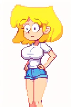 lori loud, cartoon, masterpiece, high quality, best quality, 1girl, solo, white background, blonde hair, short hair, white shirt, blue shorts, black eyes, huge breasts, perfect, beautiful, hands on hips, facing viewer, 1st person view