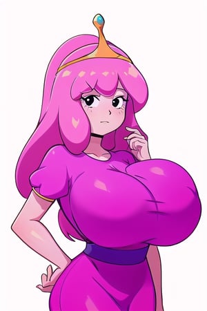 princessbubblegum, princess bubblegum, princess, masterpiece, high quality, best quality, 1girl, solo, simple white background, long hair, pink hair, pink skin, black eyes, pink dress, tiara, golden tiara, short sleeves, huge breasts, milf, top heavy, perfect, beautiful, simple face