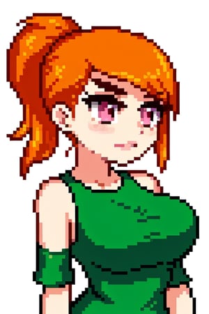 Vicky, 1girl, solo, orange hair, ponytail, pink eyes, green dress, busty