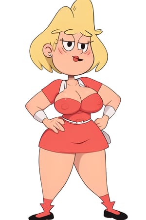 rita loud, cartoon, masterpiece, high quality, best quality, 1girl, solo, white background, blonde hair, short hair, red dress, black eyes, huge breasts, milf, top heavy, perfect, beautiful, hands on hips, facing viewer, 1st person view,chibi