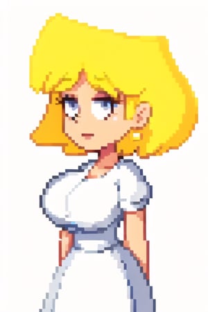 lori loud, cartoon, masterpiece, high quality, best quality, 1girl, solo, white background, blonde hair, short hair, white dress, black eyes, huge breasts, perfect, beautiful, hands on hips, facing viewer, 1st person view